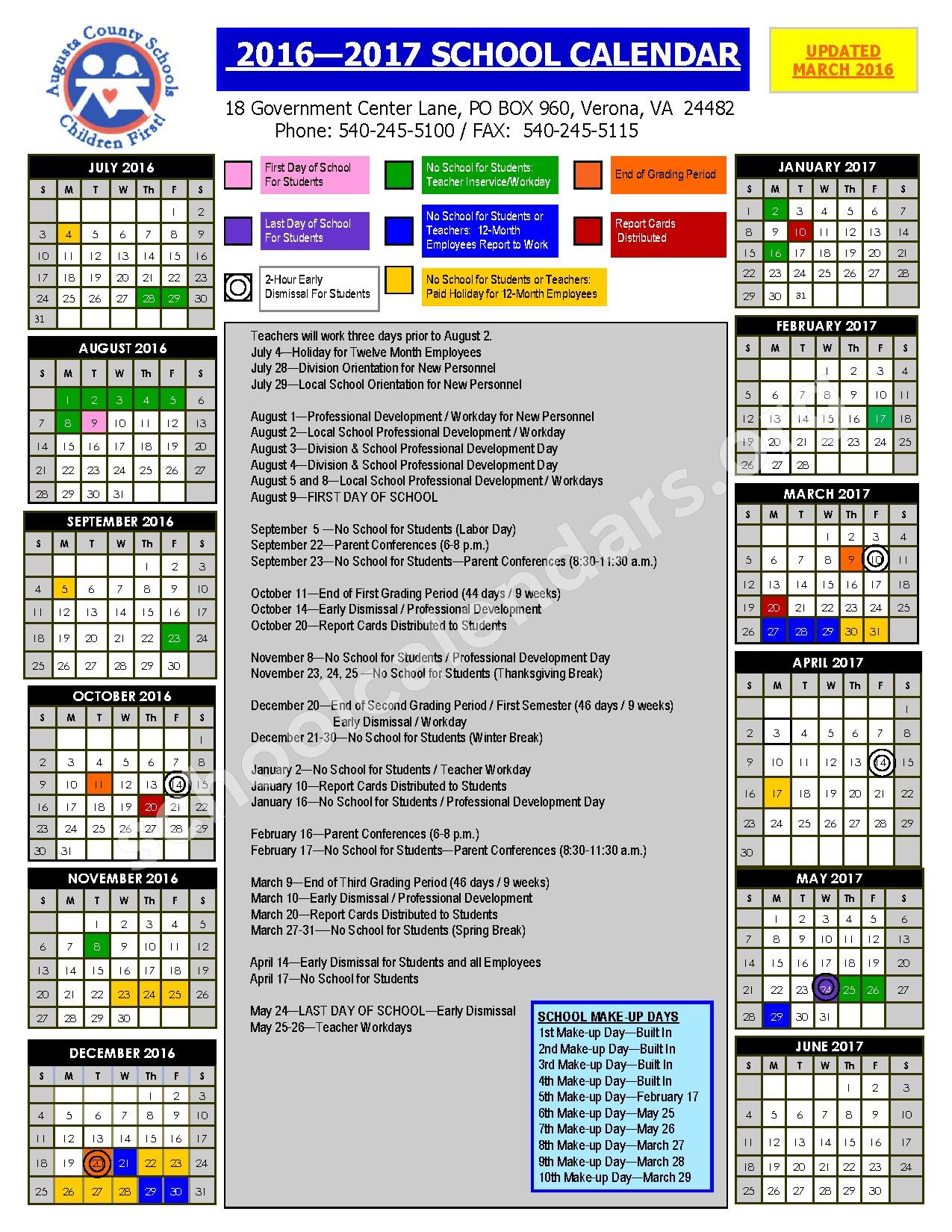 2016 2017 School Calendar Augusta County Public Schools Verona Va