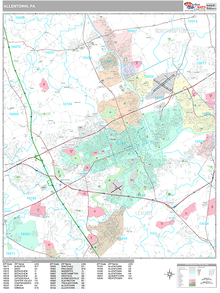 Allentown Pennsylvania Zip Code Wall Map Premium Style By Marketmaps