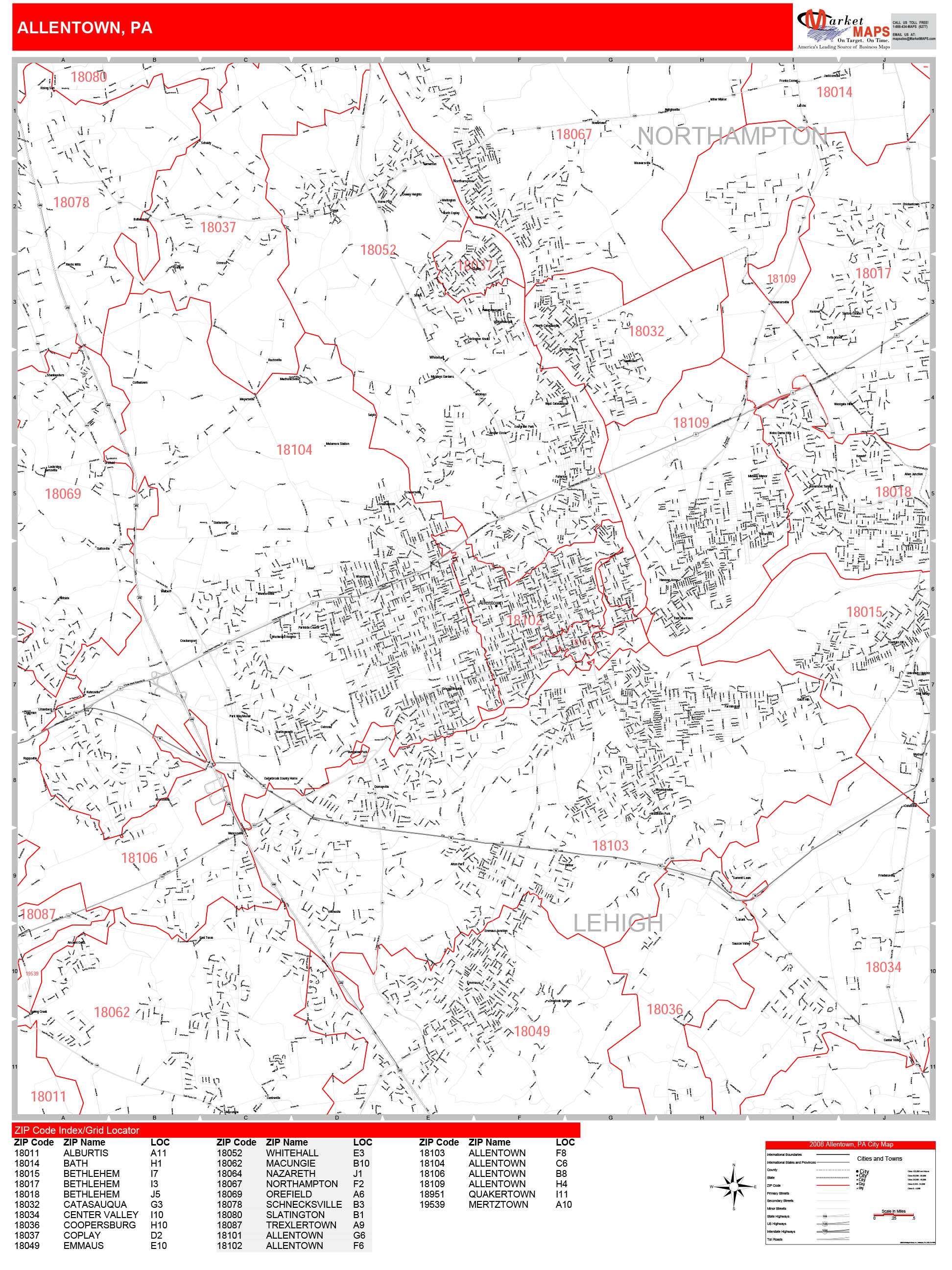 Allentown Pennsylvania Zip Code Wall Map Red Line Style By Marketmaps