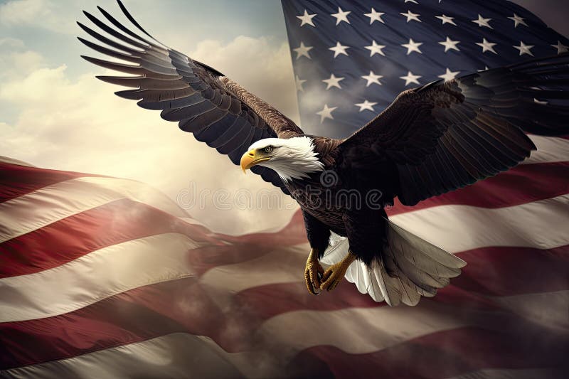 American Eagle On The Background Of The American Flag 3D Rendering