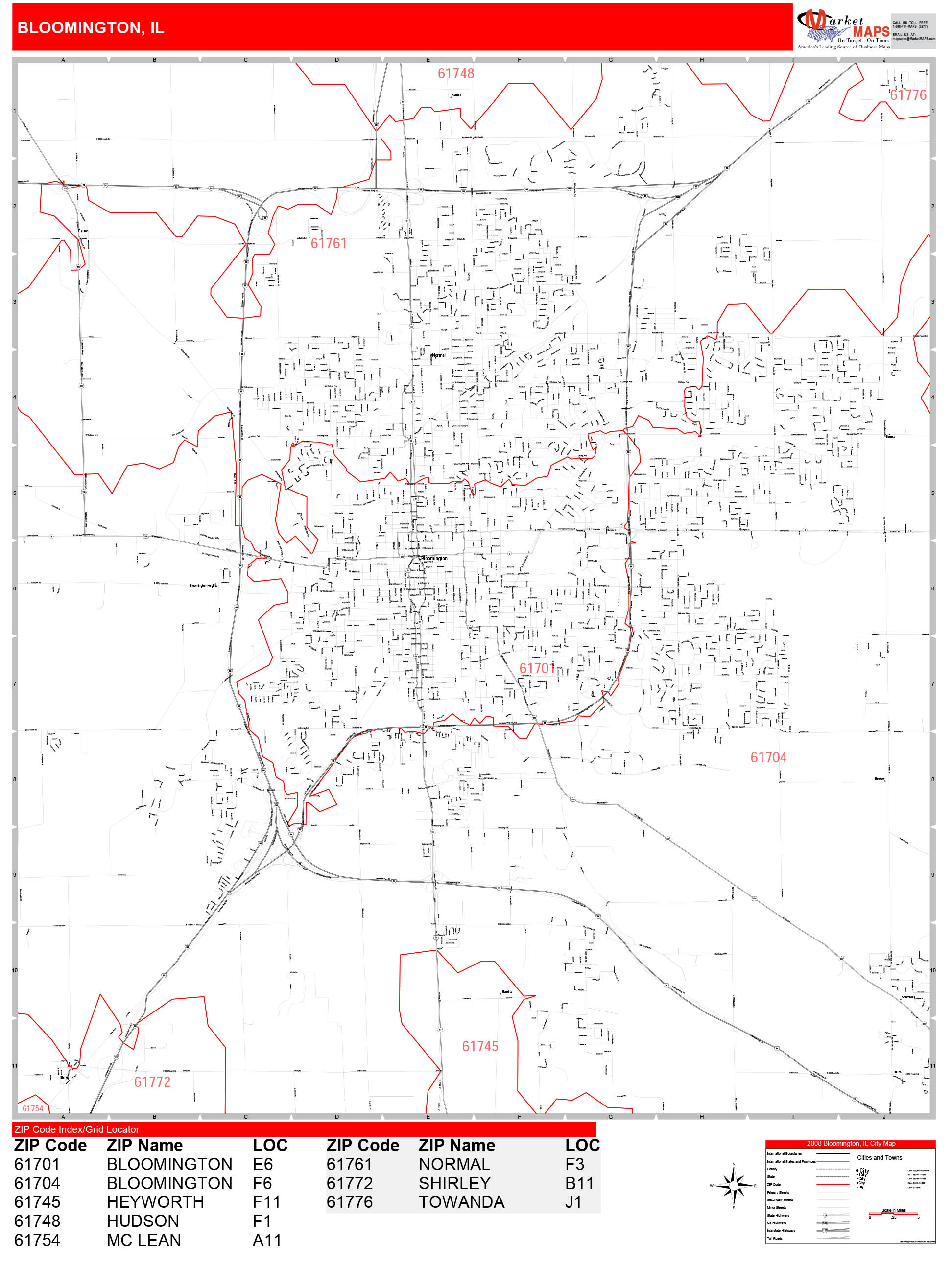 Bloomington Illinois Zip Code Wall Map Red Line Style By Marketmaps