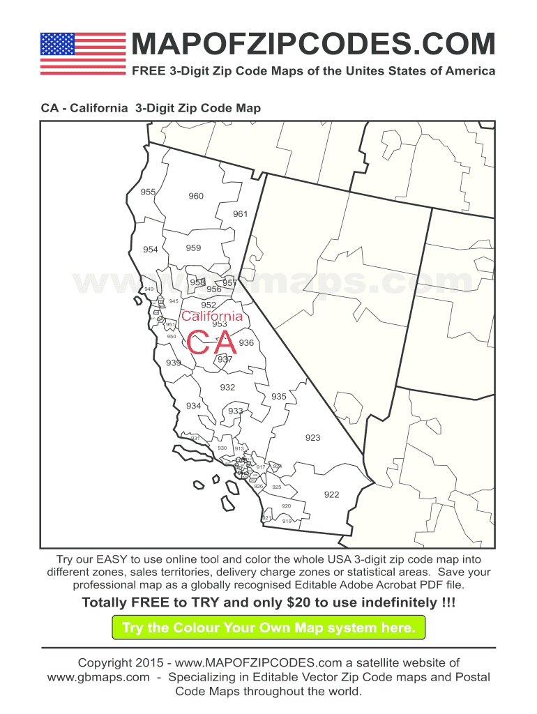 California 3 Digit Zip Code Map Fill Online Printable Fillable