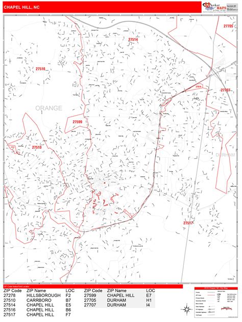 Chapel Hill North Carolina Zip Code Wall Map Red Line Style By