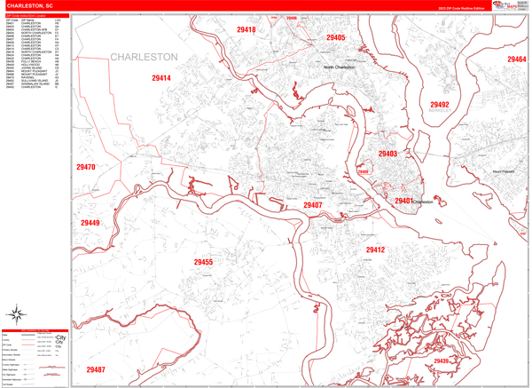 Charleston South Carolina Zip Code Wall Map Red Line Style By