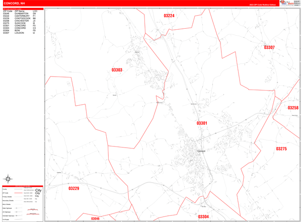 Concord New Hampshire Zip Code Wall Map Red Line Style By Marketmaps