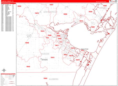 Corpus Christi Texas Zip Code Wall Map Red Line Style By Marketmaps