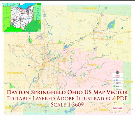 Dayton Springfield Ohio Us Map Vector Exact City Plan High Detailed