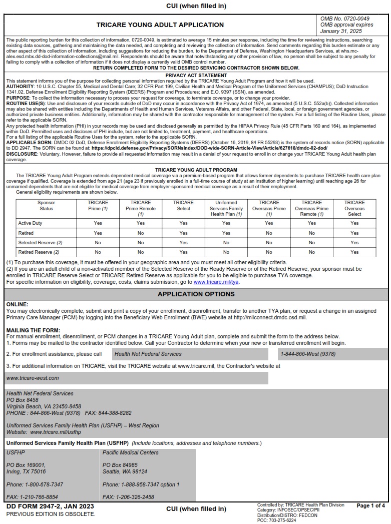 Dd Form 2947 2 Tricare Young Adult Application West Dd Forms