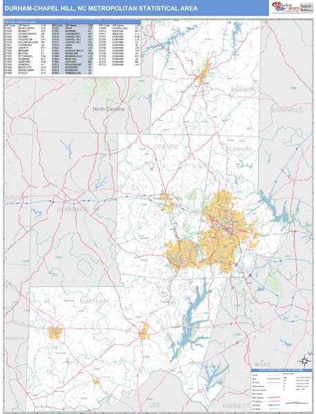 Durham Chapel Hill Nc Metro Area Zip Code Wall Map Basic Style By