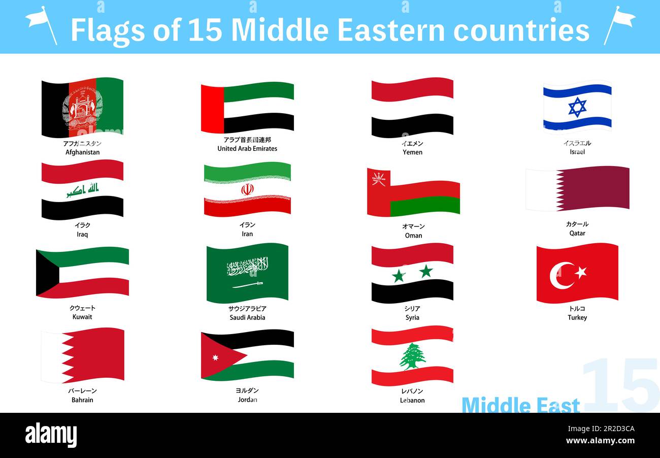 Fluttering World Flag Icons Middle East 15 Countries Set Vector