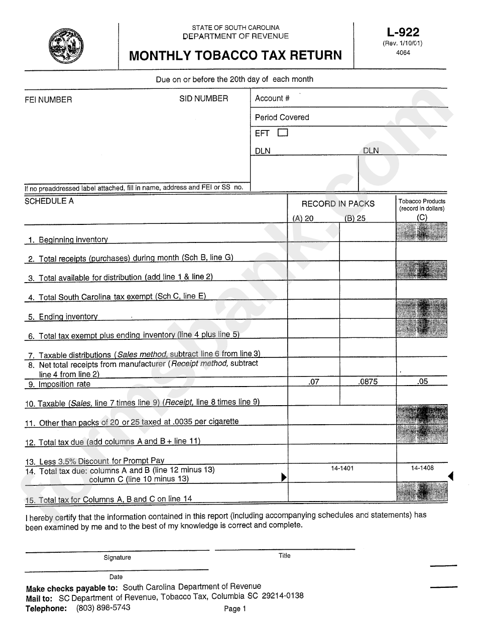 Form L 022 Monthly Tobacco Tax Return Form Printable Pdf Download