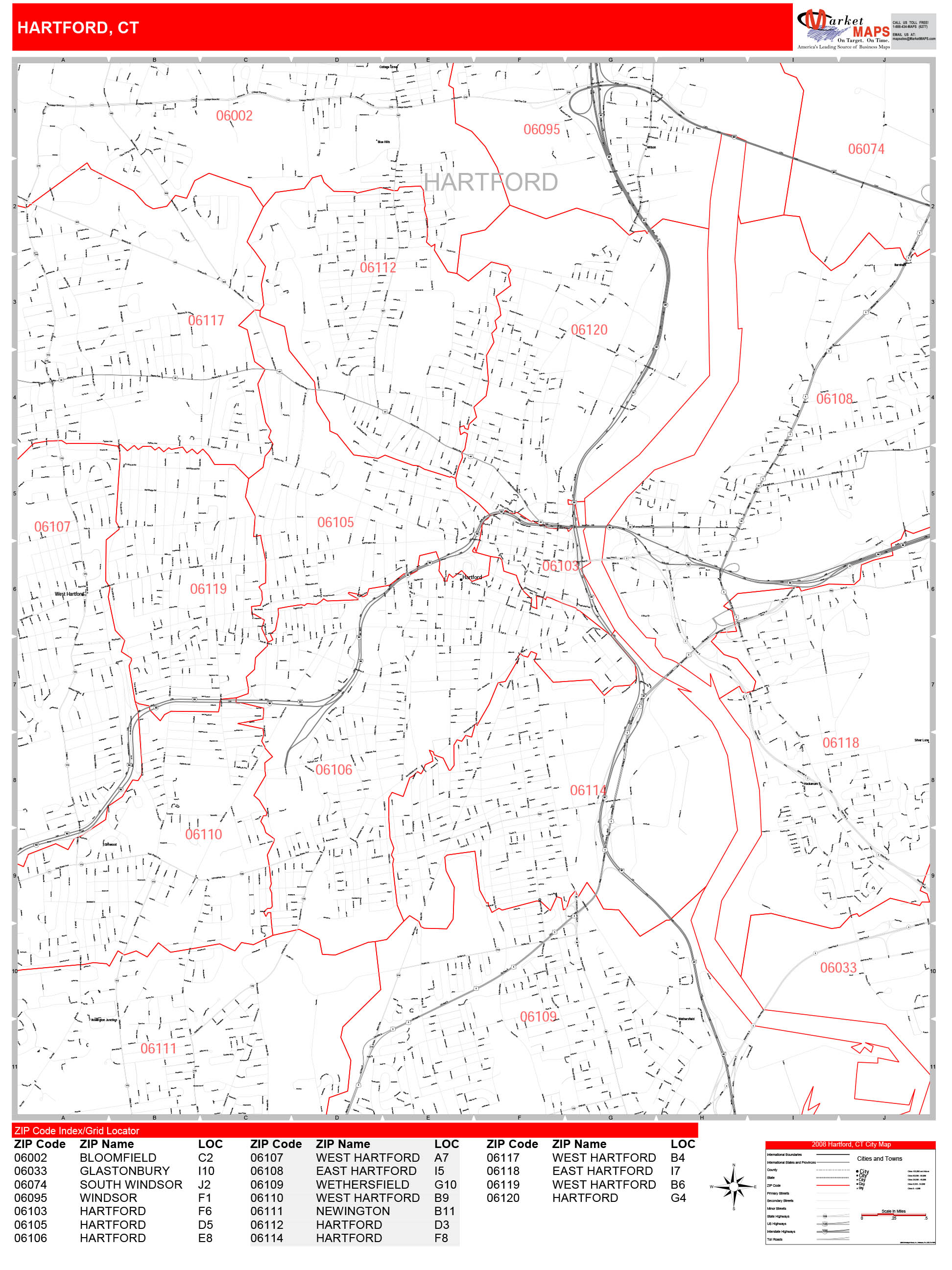 Hartford Connecticut Zip Code Wall Map Red Line Style By Marketmaps