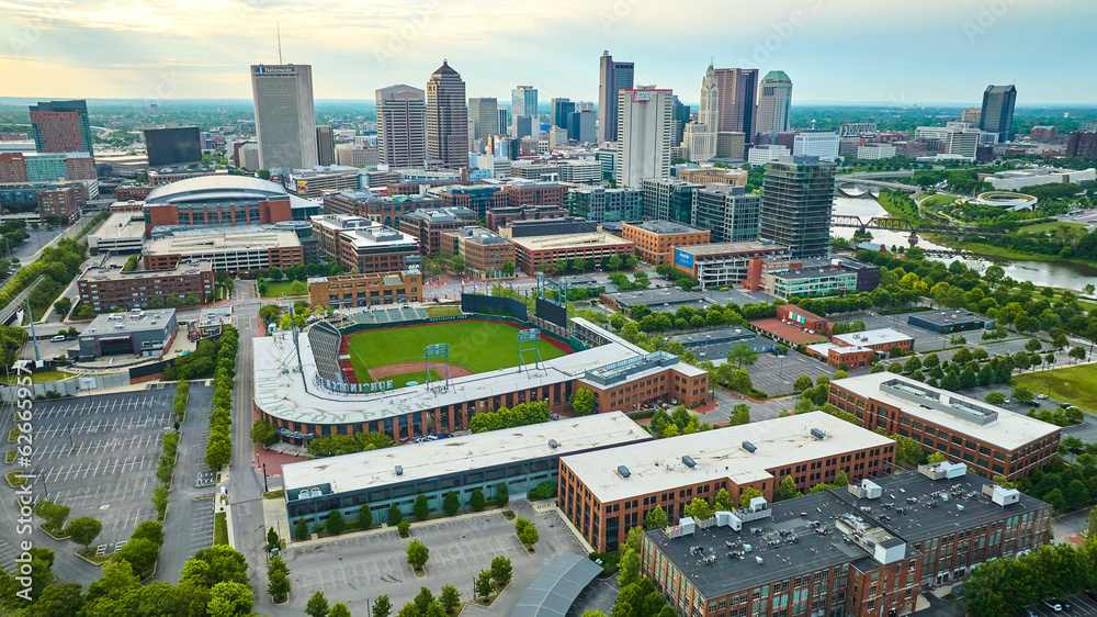 Huntington Park Stadium Aerial With Columbus Ohio Skyscraper Skyline