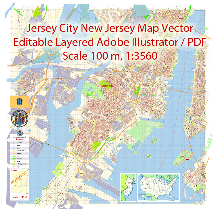 Jersey City New Jersey Map Vector Exact City Plan Detailed Street Map