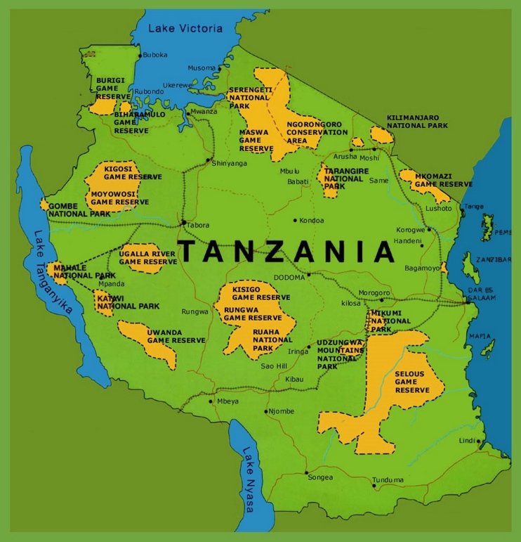 Map Of Tanzania Tanzania Map Showing National Parks Reserves Major