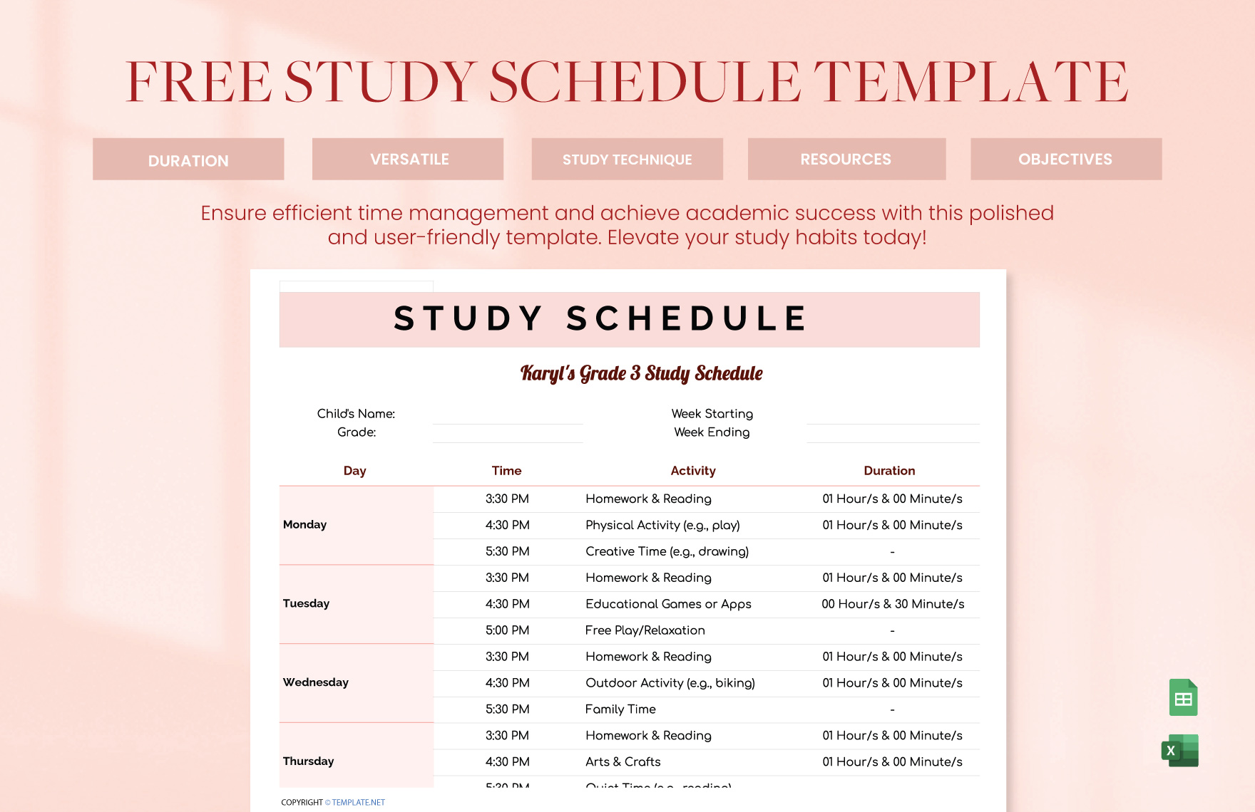 Monthly Study Plan Schedule Excel Template And Google Sheets File For