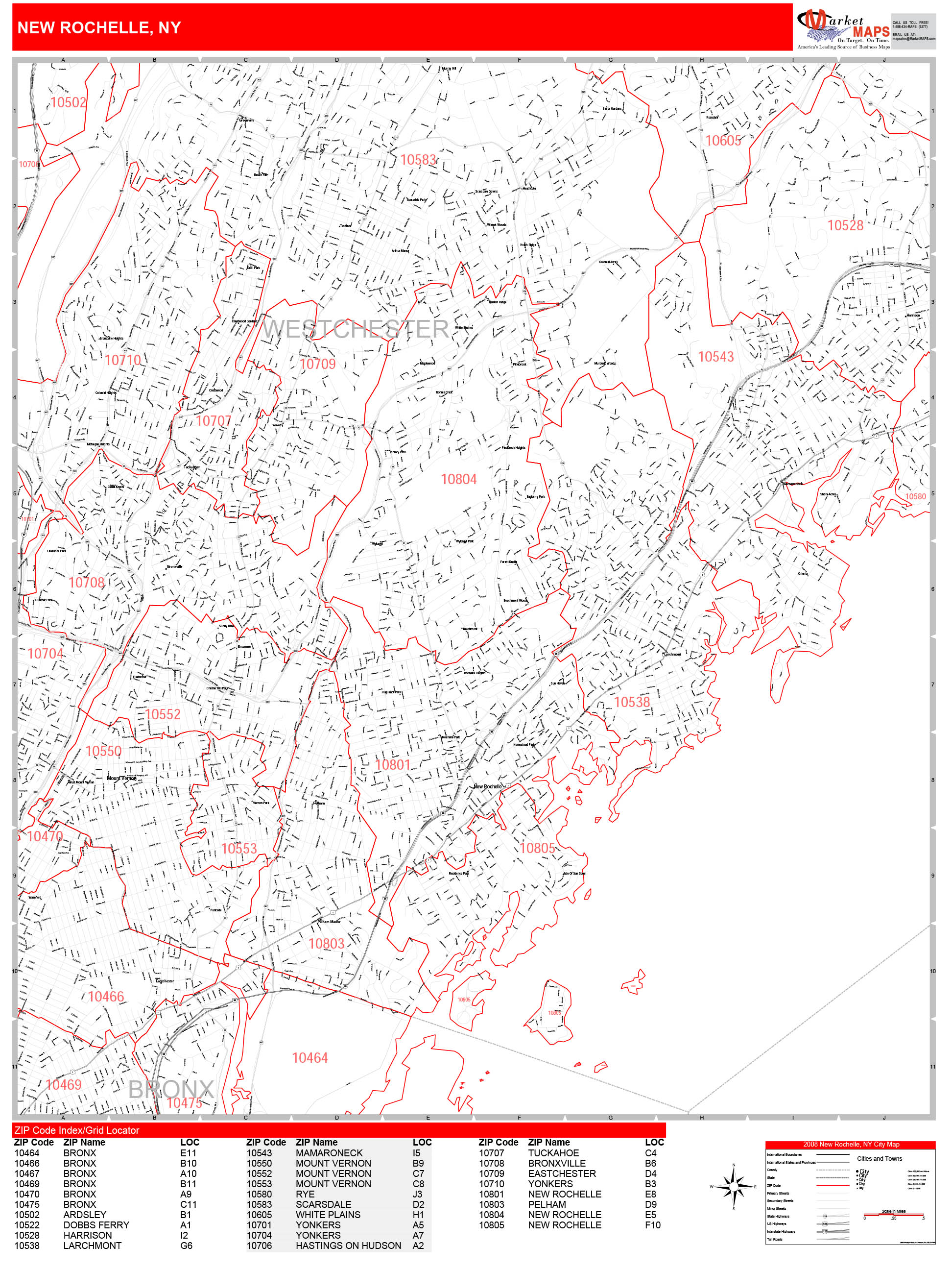 New Rochelle New York Zip Code Wall Map Red Line Style By Marketmaps