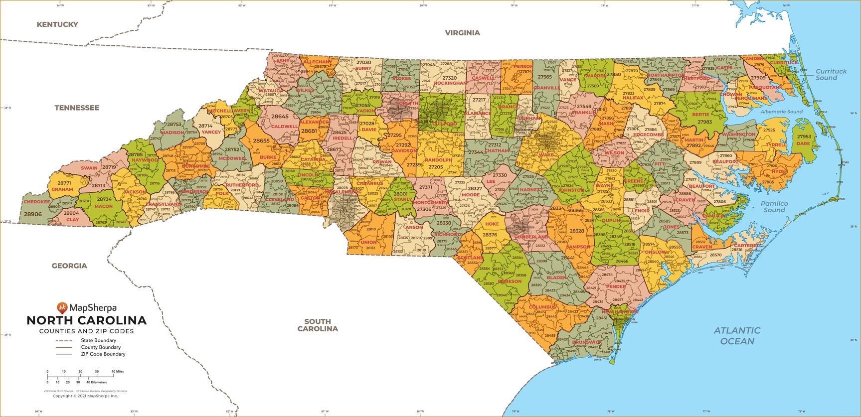 North Carolina Zip Code Map With Counties By Mapsherpa The Map Shop