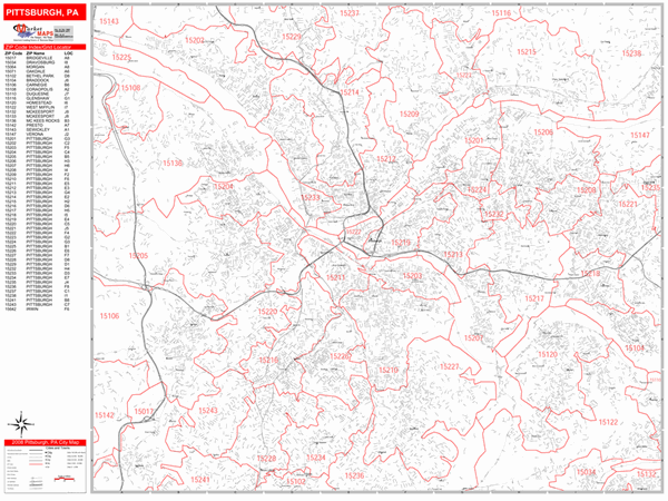 Pittsburgh Pennsylvania Zip Code Wall Map Red Line Style By