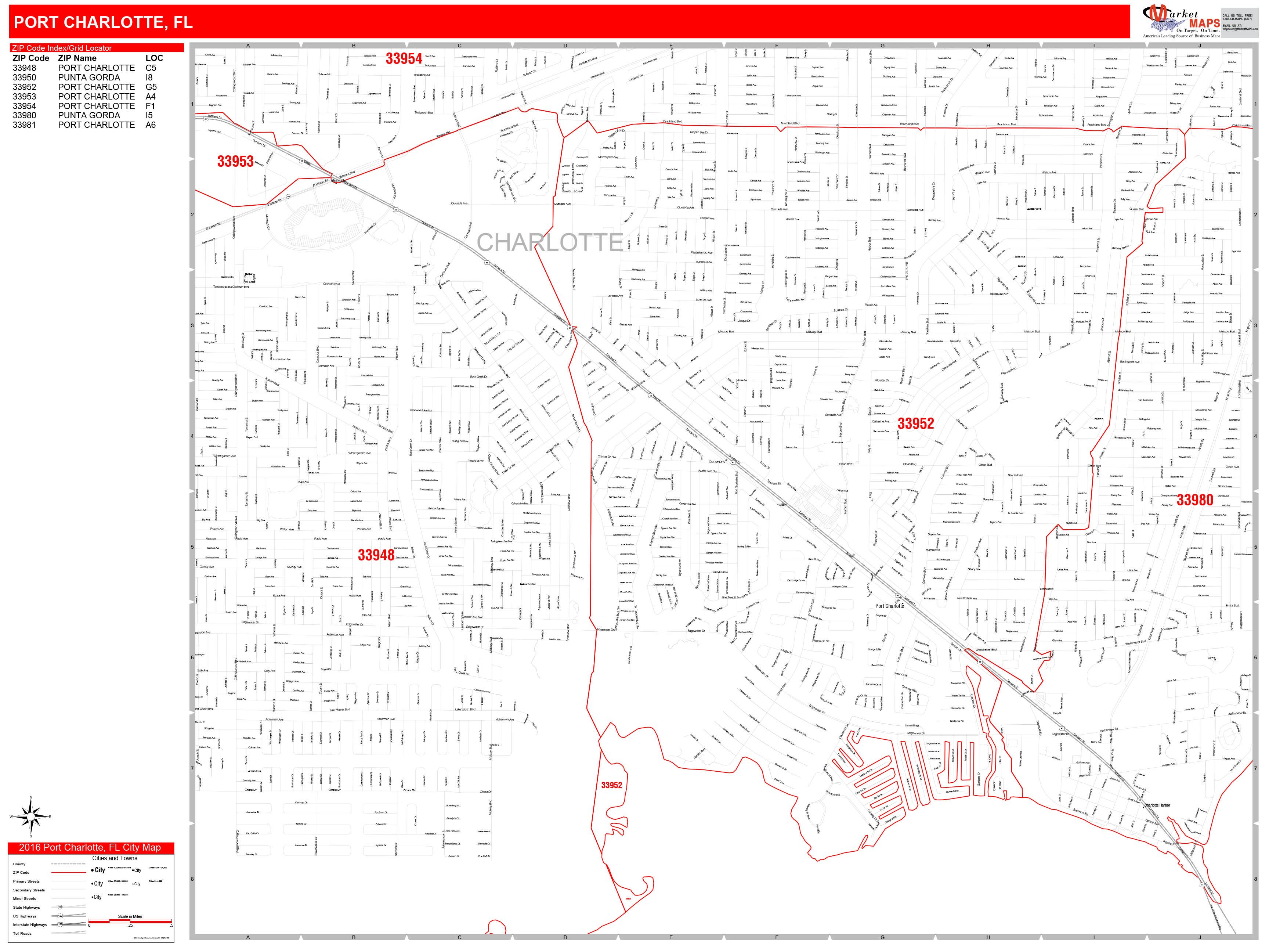 Port Charlotte Florida Zip Code Wall Map Red Line Style By Marketmaps