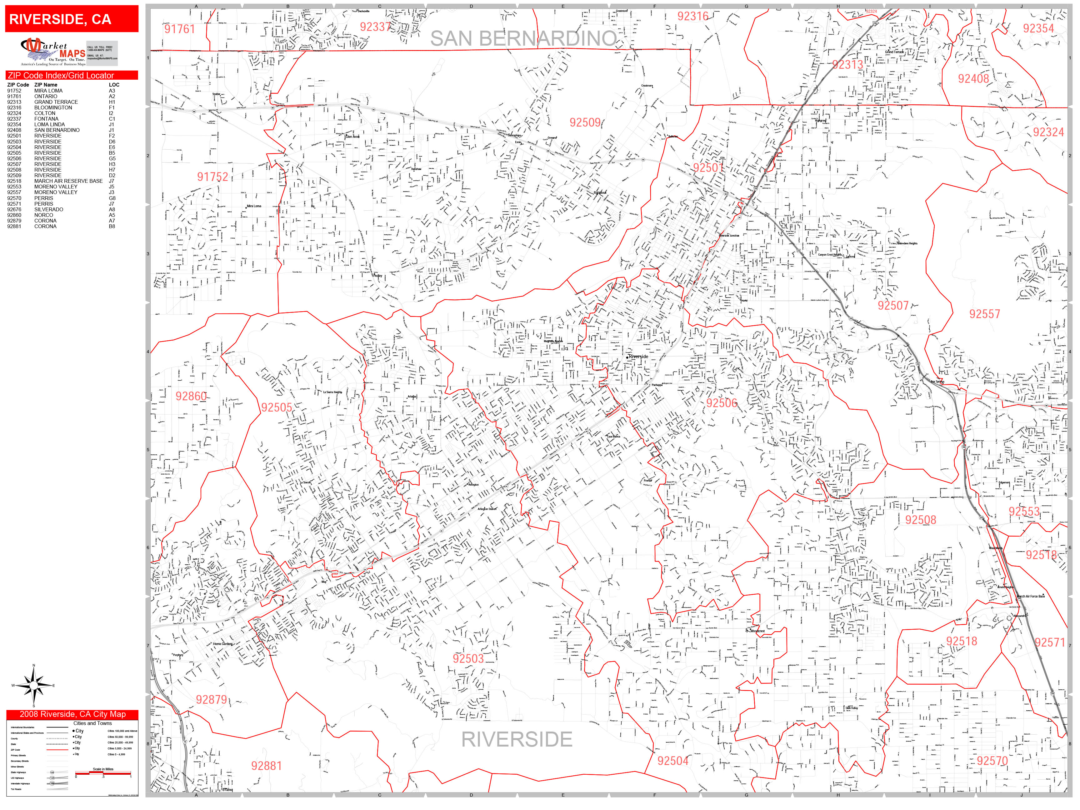 Riverside California Zip Code Wall Map Red Line Style By Marketmaps