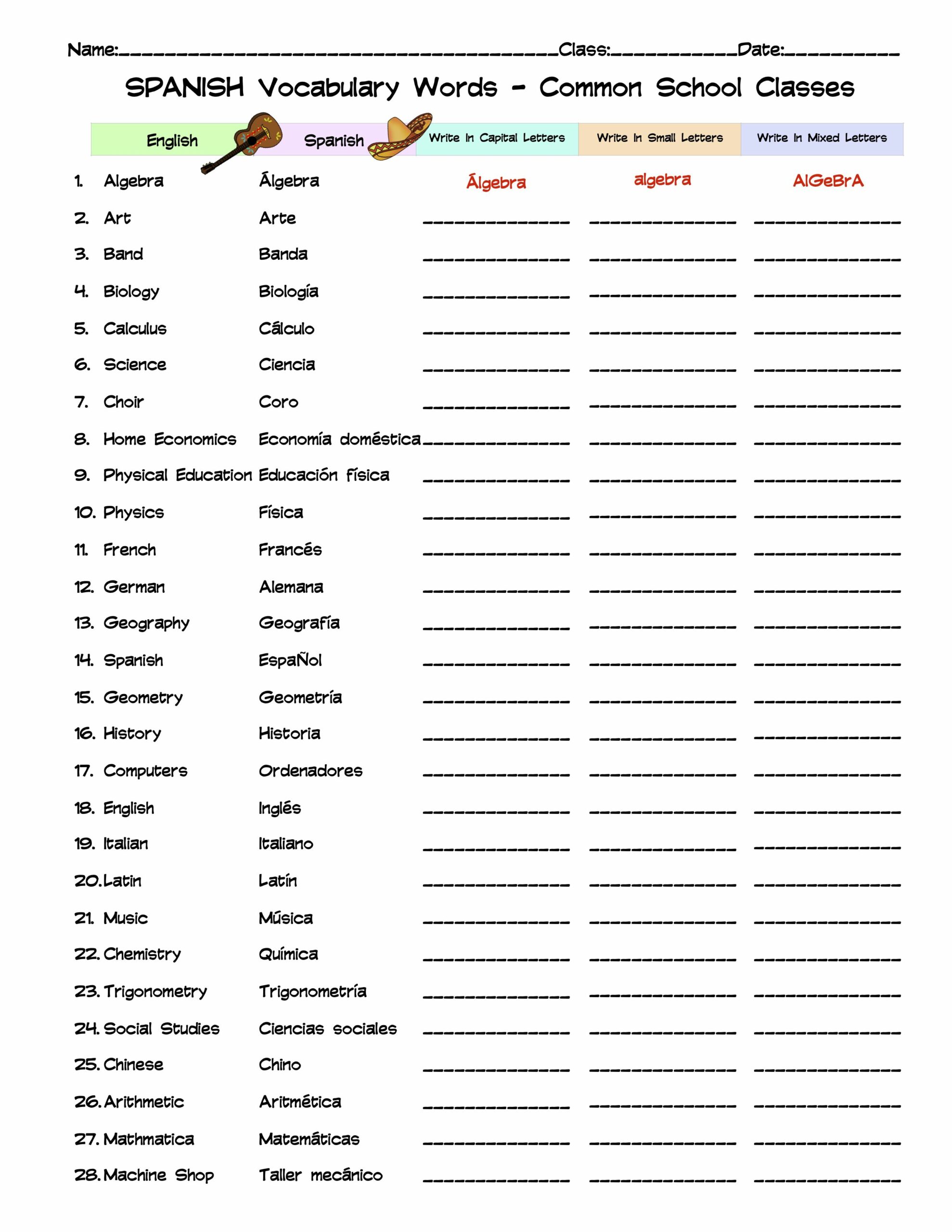 Spanish Common School Classes Vocabulary Word List Worksheet Answer