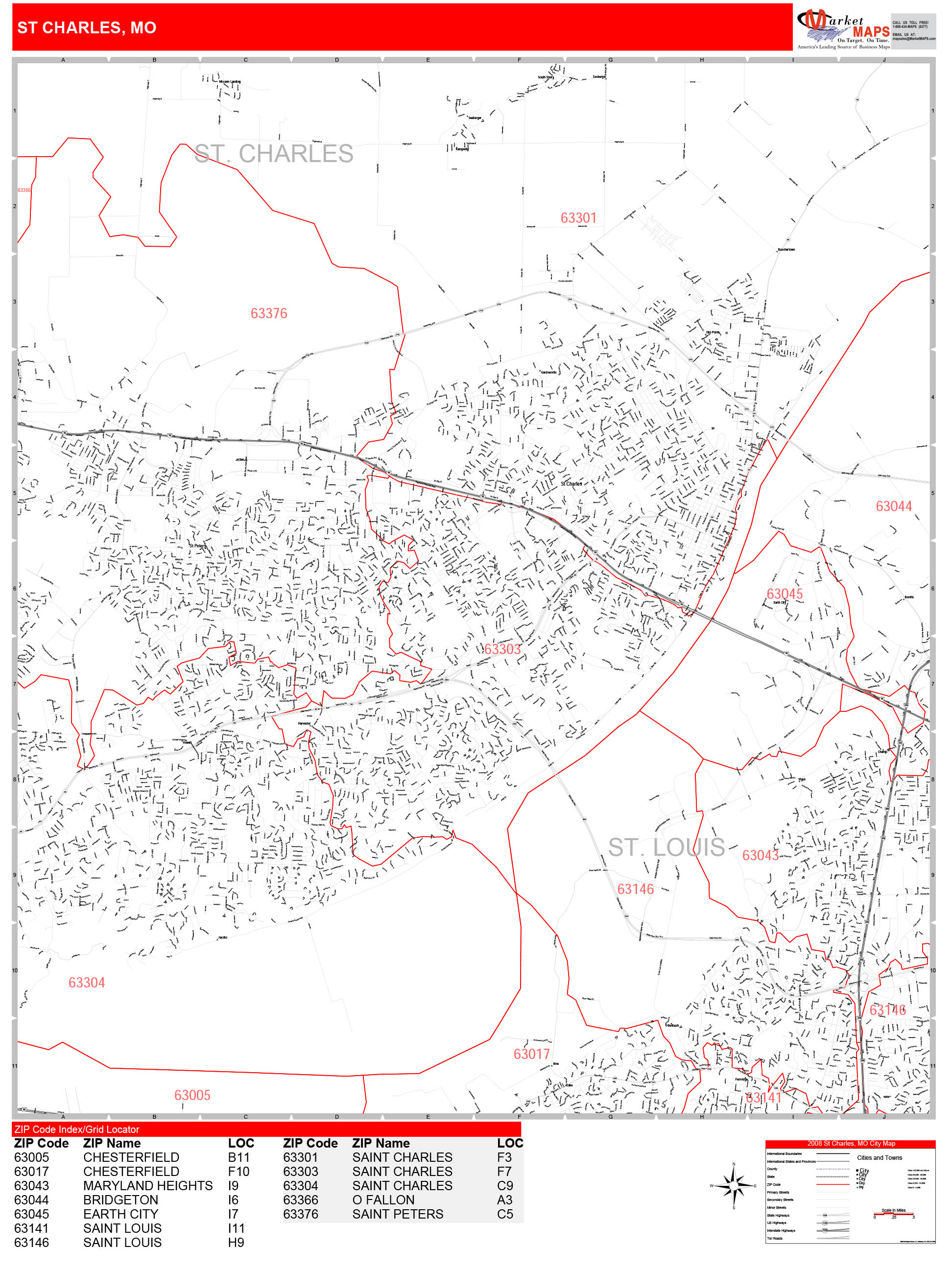 St Charles Missouri Zip Code Wall Map Red Line Style By Marketmaps