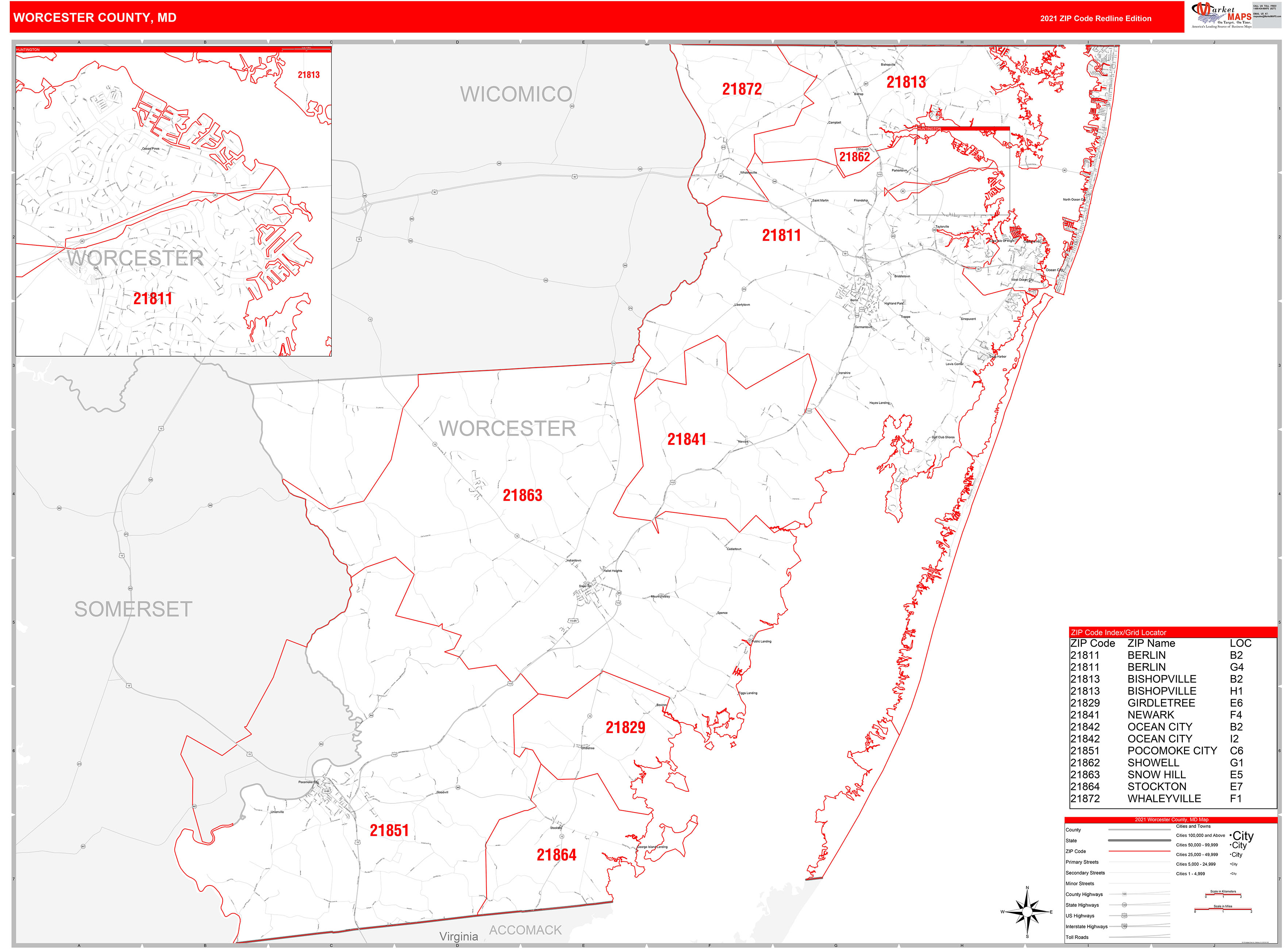 Worcester County Ma Zip Code Wall Map Red Line Style By Marketmaps